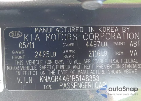 2011 Kia Optima Sx z USA, uszkodzony, nr VIN KNAGR4A61B5148353